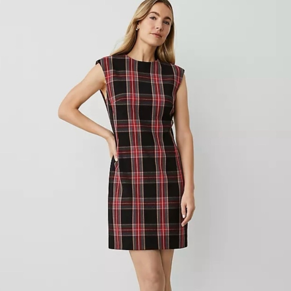 NWT Ann Taylor Petite Plaid Shift Dress Size 8P Red Black High Neck Workwear